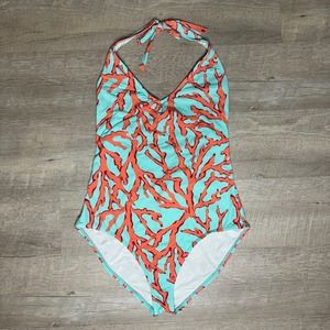 J. McLaughlin Blue Teal Coral Print Halter One Piece Swimsuit Low Back Size 12